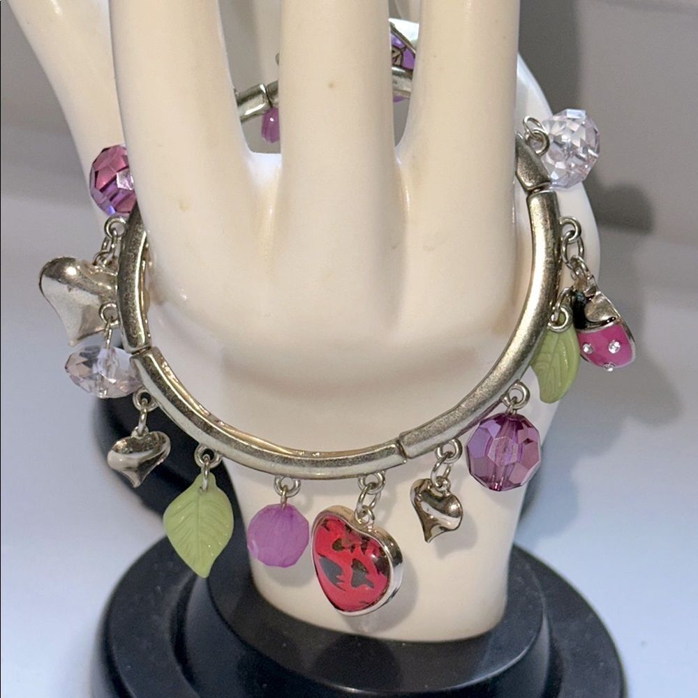 Purple, Green & Gold Tone Stretch Charm Bracelet with Ladybug‎ Charm
